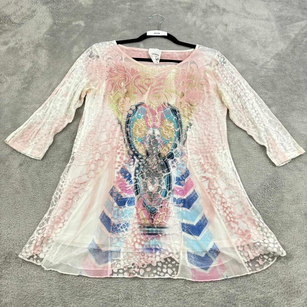 Flew De Lis Tunic Top Womens Small Pink Multicolor Floral Artsy‎ Fairycore Y2K